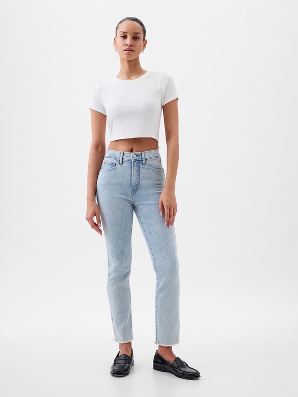 Light Wash High-Rise Straight Jeans - White Crop Top Styling